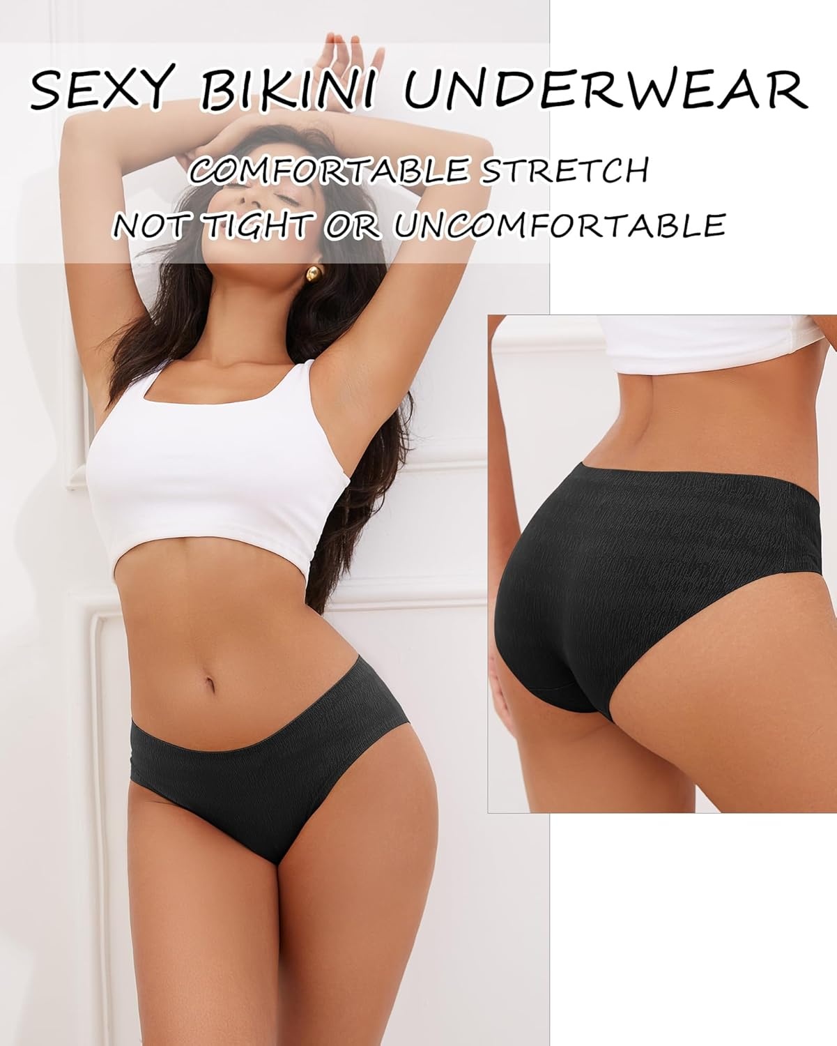 image:imageSeamless Underwear for Women No Show Cheeky Low Rise Bikini Jacquard Soft Ladies Panties Breathable Stretch Hipster 6 PackBlack