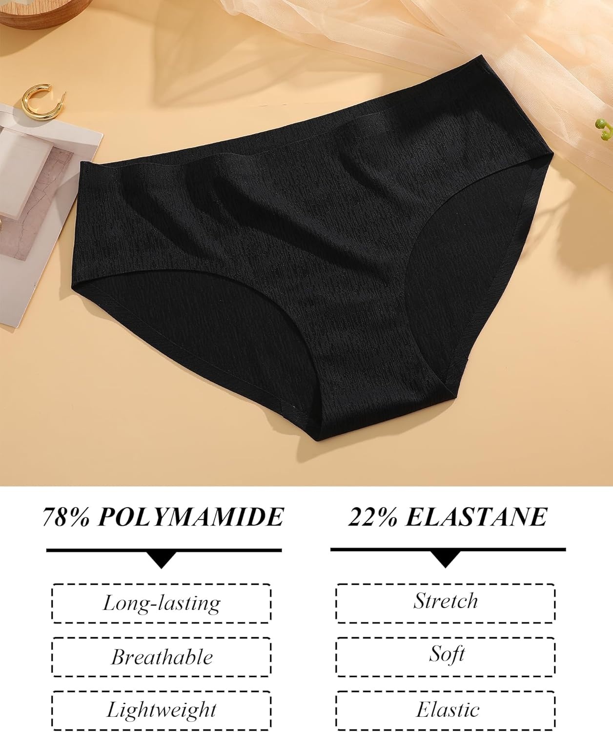 image:imageSeamless Underwear for Women No Show Cheeky Low Rise Bikini Jacquard Soft Ladies Panties Breathable Stretch Hipster 6 PackBlack