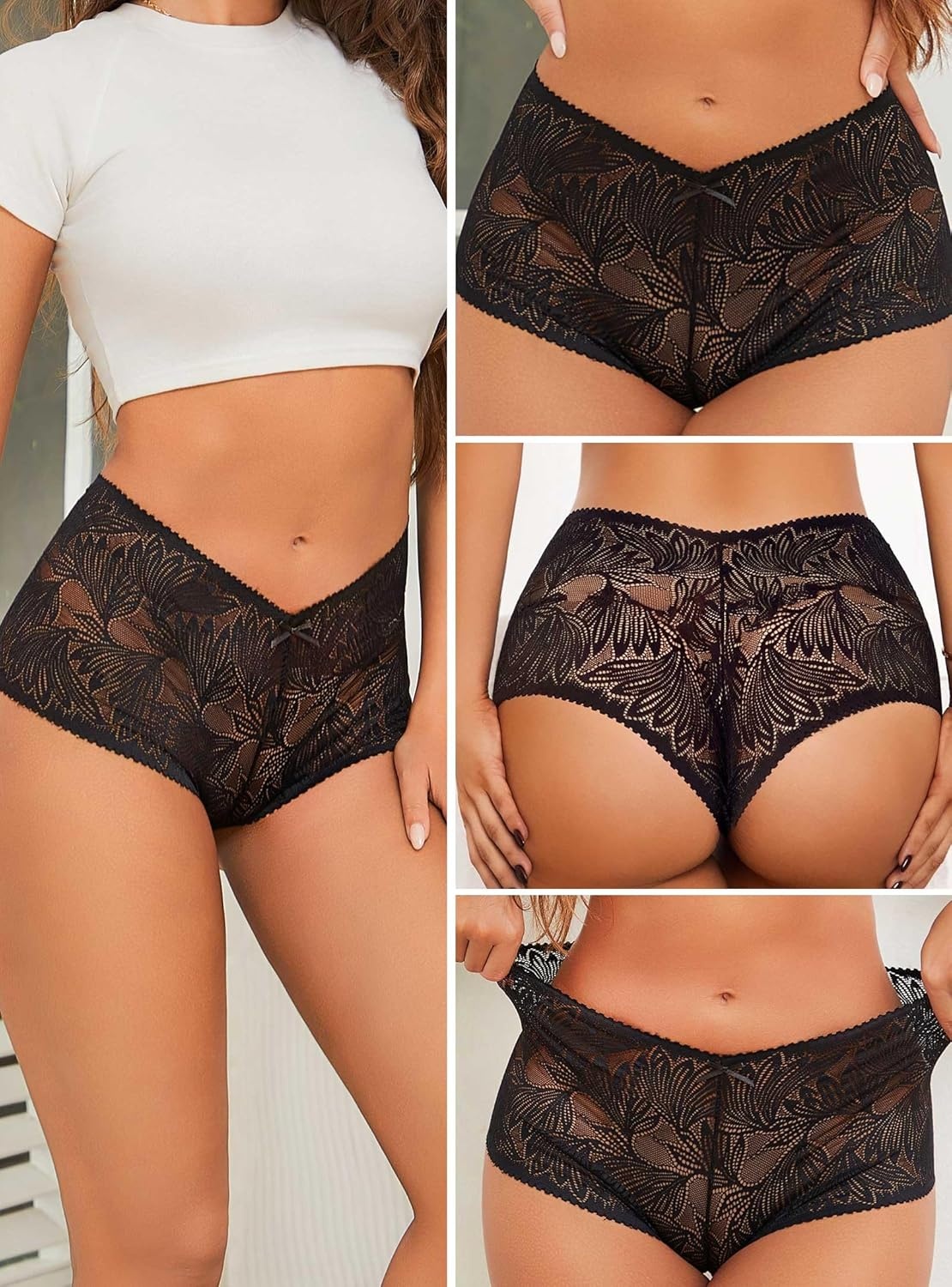 image:imageSexy Underwear for Women Petalsoft Lace Vwaisted Boy Shorts Cute Cheeky Ladies Panties Fashion Lightweight Lingerie 6 pack6black