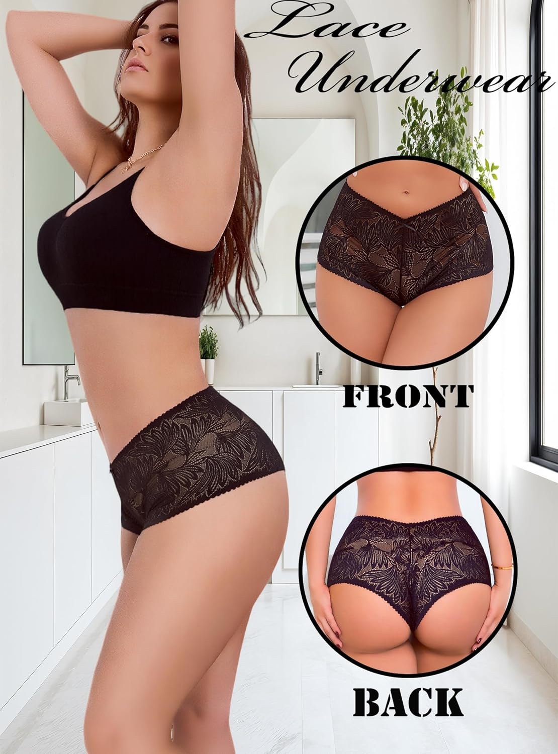 image:imageSexy Underwear for Women Petalsoft Lace Vwaisted Boy Shorts Cute Cheeky Ladies Panties Fashion Lightweight Lingerie 6 pack6black