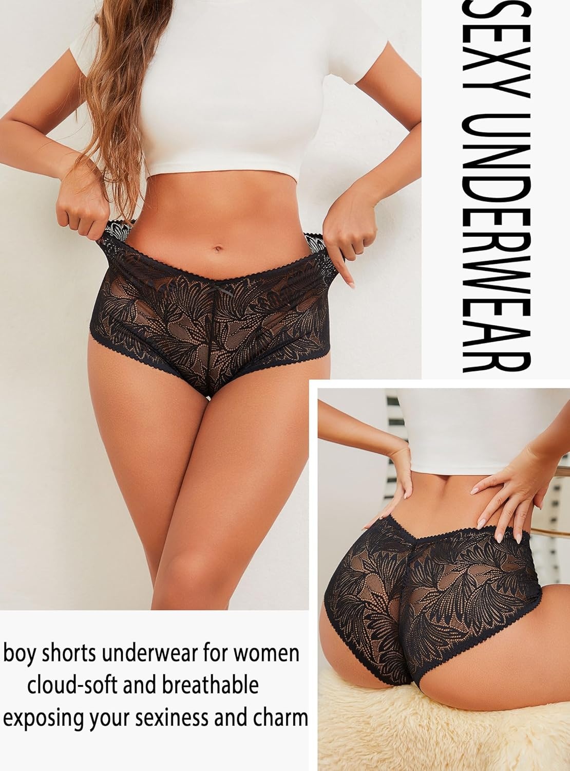 image:imageSexy Underwear for Women Petalsoft Lace Vwaisted Boy Shorts Cute Cheeky Ladies Panties Fashion Lightweight Lingerie 6 pack6black