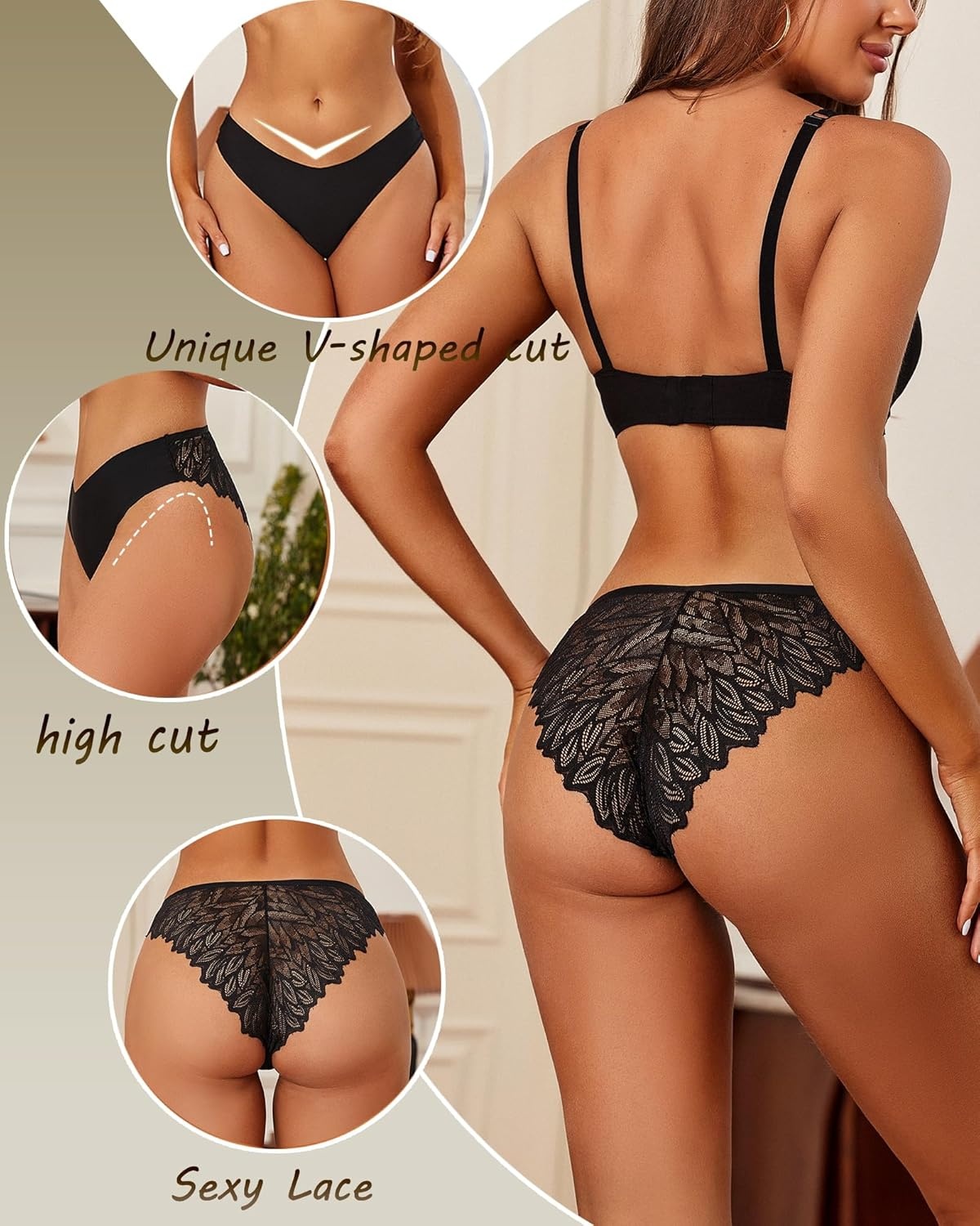 image:imageSth Big Cheeky Underwear for Women Lace No Show Bikini Soft Breathe Seamless Panties Ladies Sexy Hipster Set 6 PackBlack