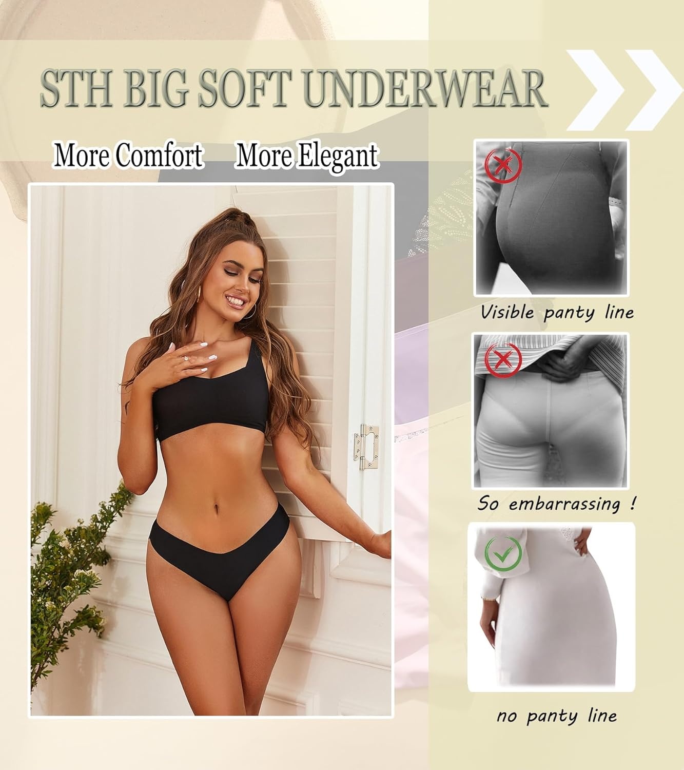 image:imageSth Big Cheeky Underwear for Women Lace No Show Bikini Soft Breathe Seamless Panties Ladies Sexy Hipster Set 6 PackBlack