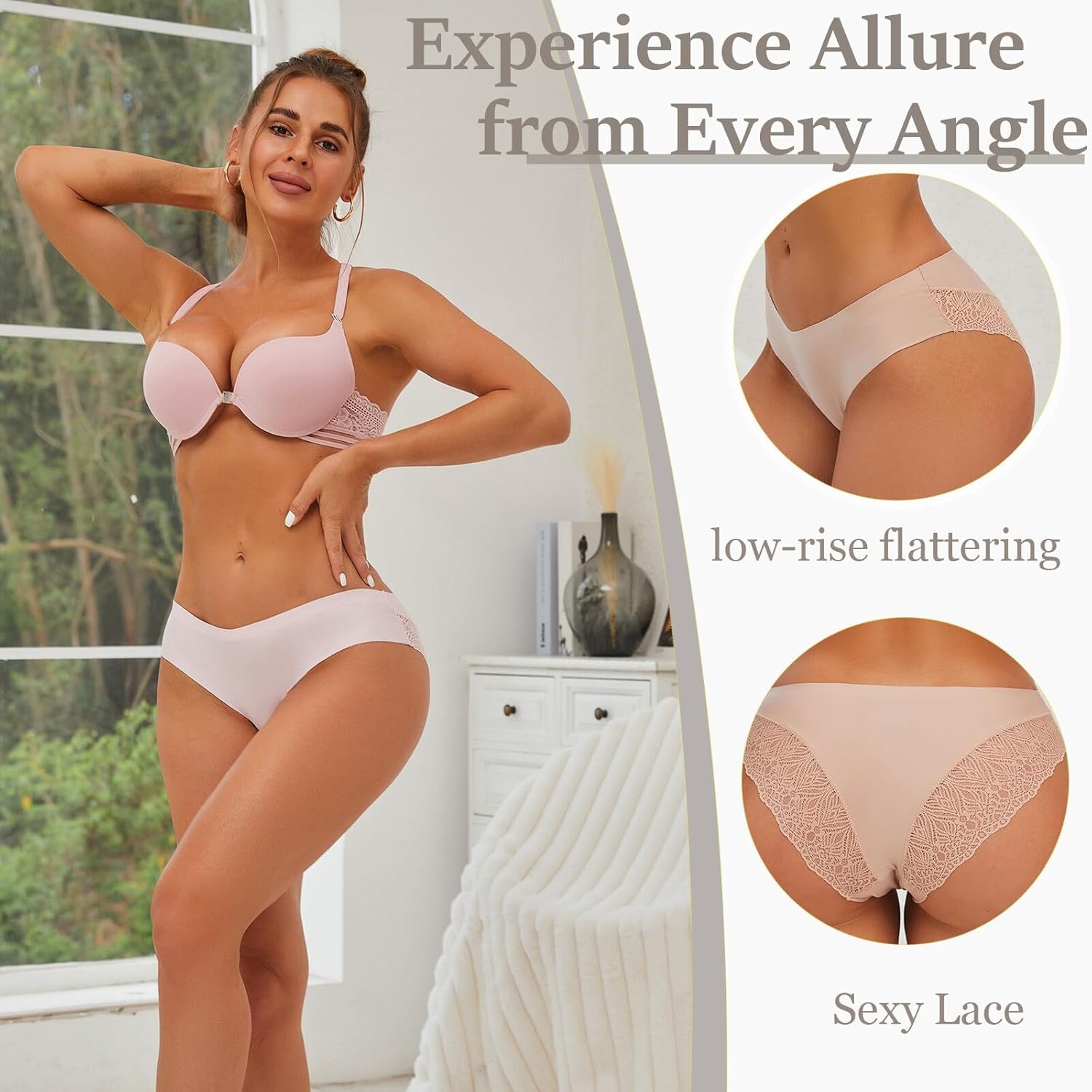 image:imageSth Big Cheeky Underwear for Women Lace No Show Bikini Soft Breathe Seamless Panties Ladies Sexy Hipster Set 6 PackBlackredpinkdark Bluesilver Graykhaki