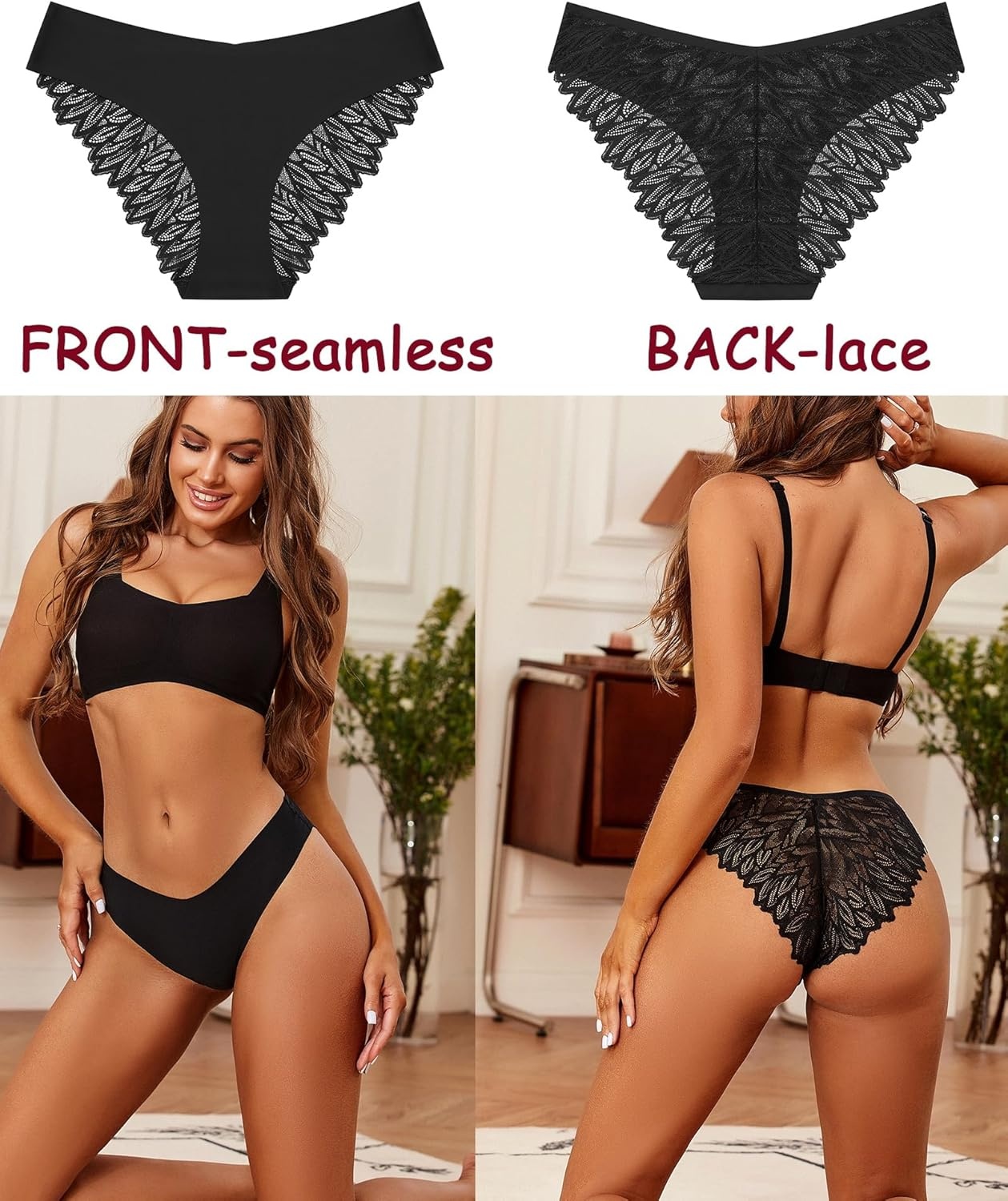 image:imageSth Big Cheeky Underwear for Women Lace No Show Bikini Soft Breathe Seamless Panties Ladies Sexy Hipster Set 6 PackColor C