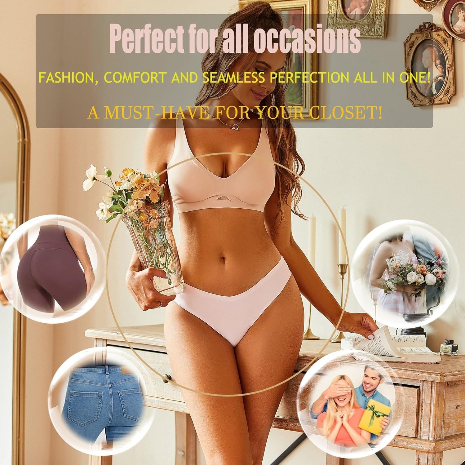 image:imageSth Big Cheeky Underwear for Women Lace No Show Bikini Soft Breathe Seamless Panties Ladies Sexy Hipster Set 6 PackColor C