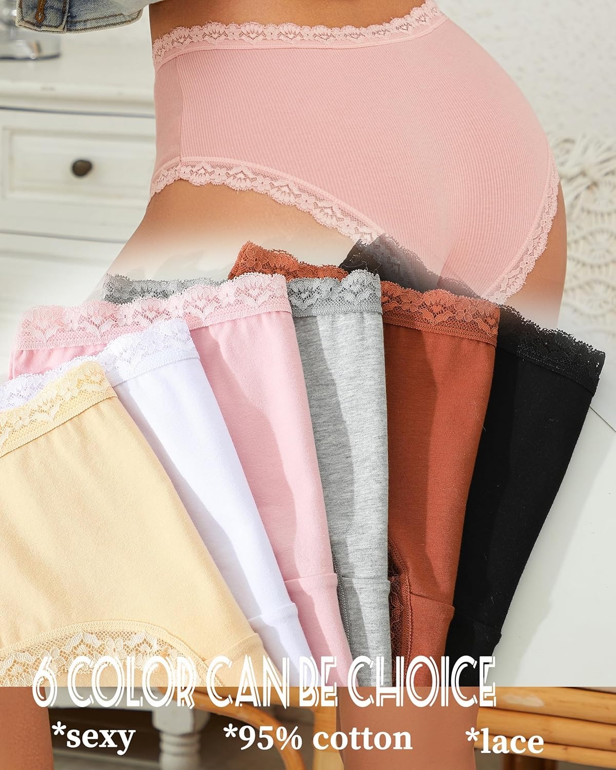 image:imageSth Big Cotton Underwear for Women High Waisted Womens Underwear Pack Sexy Lace Edge Bikini Cheeky Panties Girls BriefA 6 Packblack1 White1 Orange1 Grey1 Beige1 Pink1