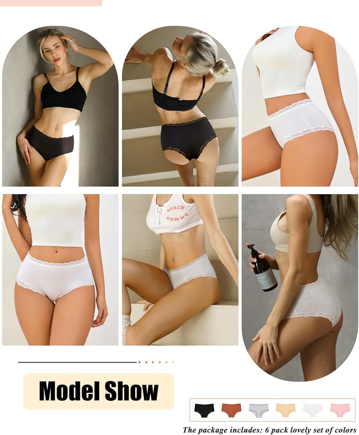 image:imageSth Big Cotton Underwear for Women High Waisted Womens Underwear Pack Sexy Lace Edge Bikini Cheeky Panties Girls BriefA 6 Packblack1 White1 Orange1 Grey1 Beige1 Pink1