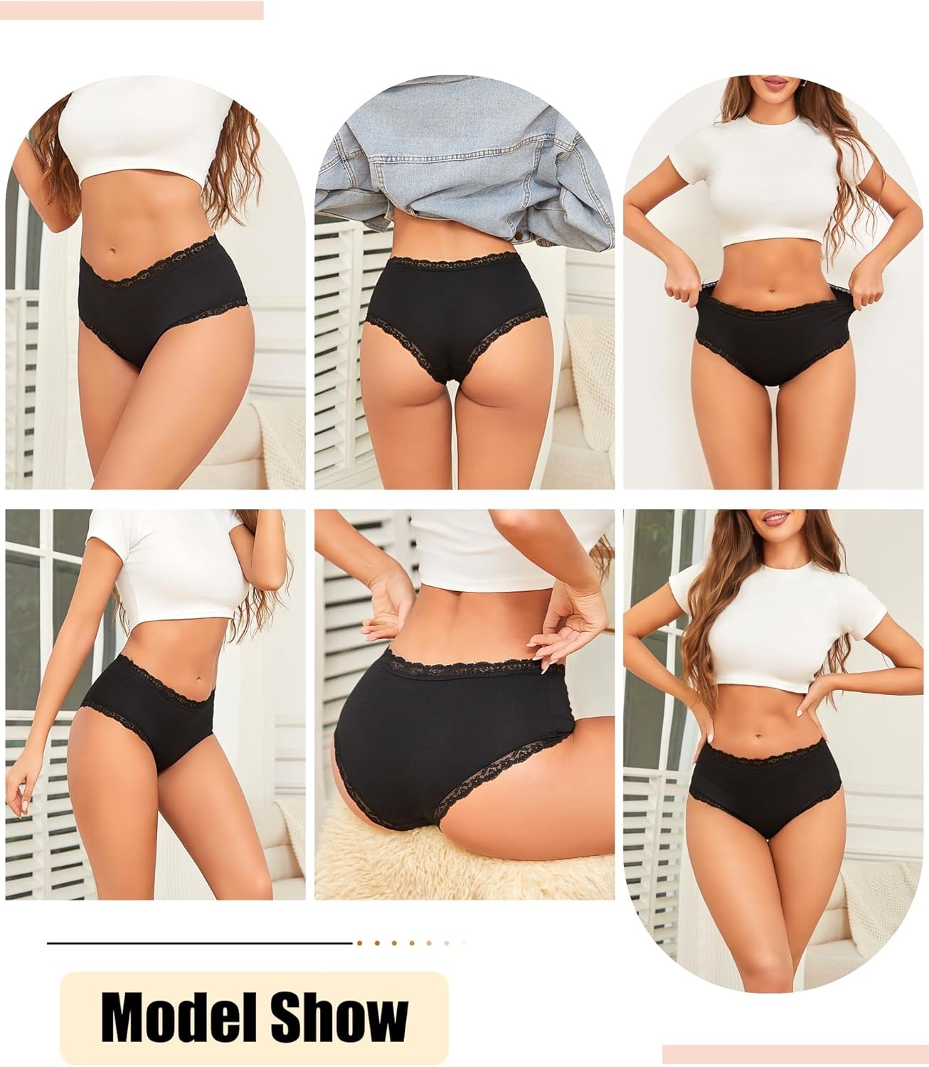 image:imageSth Big Cotton Underwear for Women High Waisted Womens Underwear Pack Sexy Lace Edge Bikini Cheeky Panties Girls BriefB 6 Packblack6