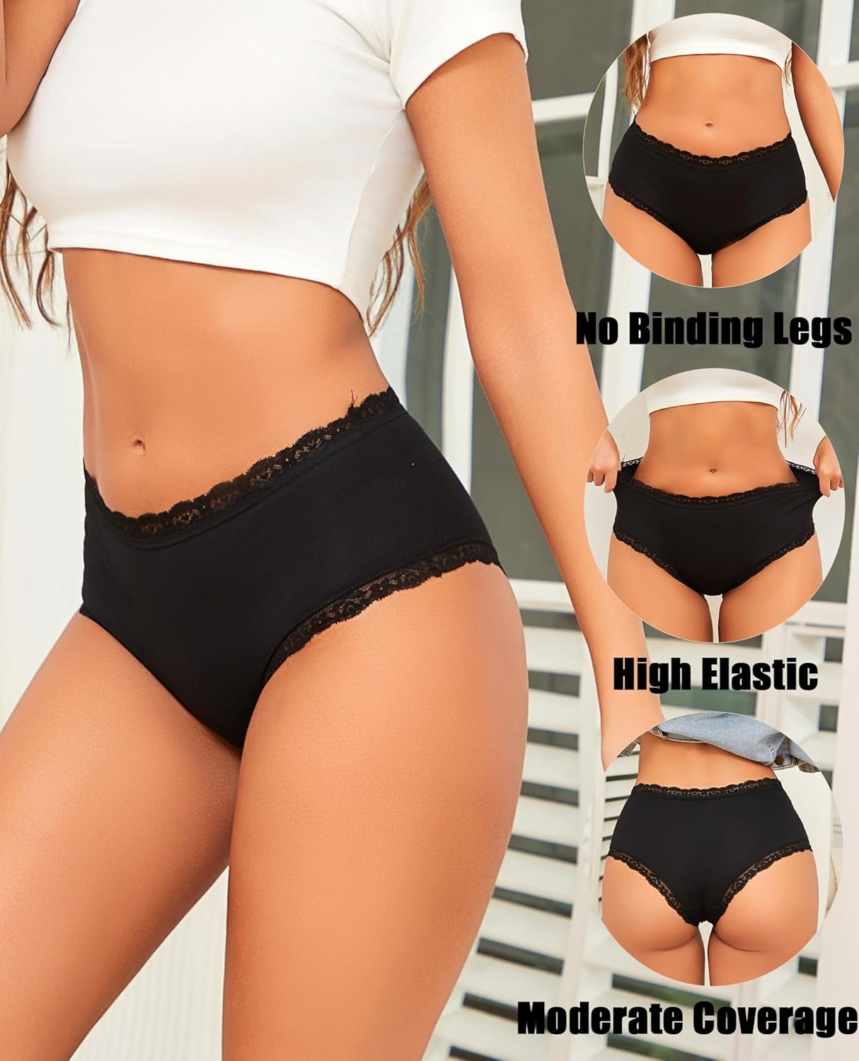 image:imageSth Big Cotton Underwear for Women High Waisted Womens Underwear Pack Sexy Lace Edge Bikini Cheeky Panties Girls BriefB 6 Packblack6