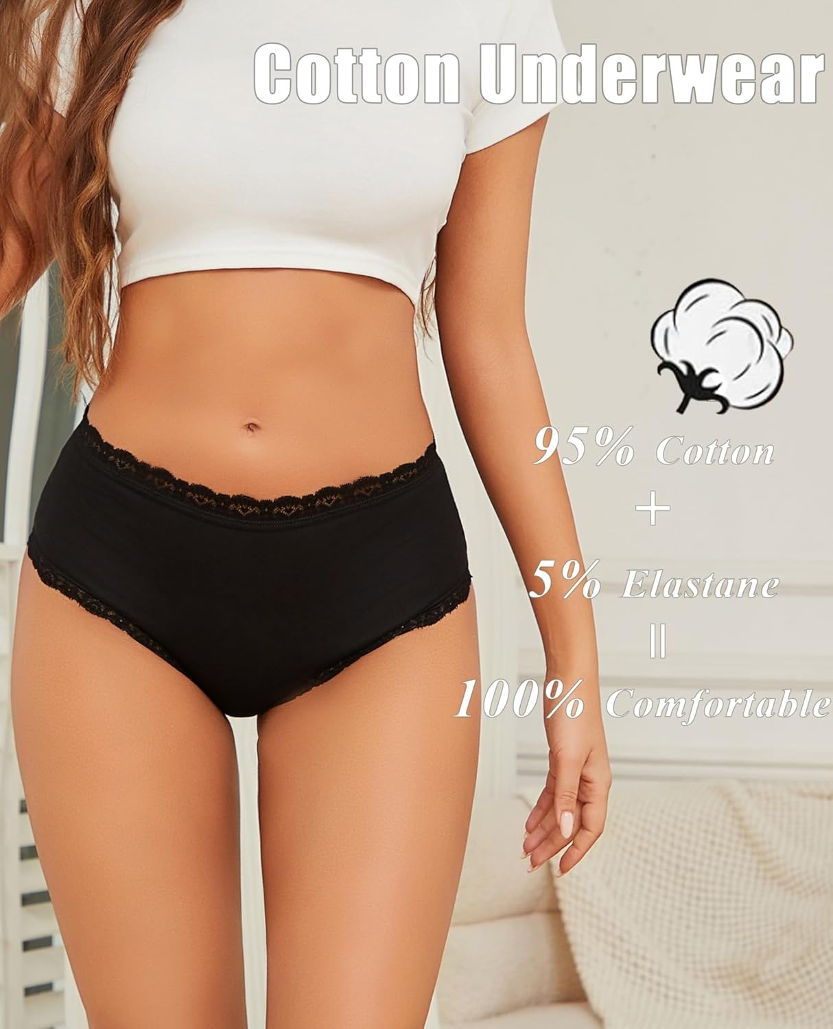 image:imageSth Big Cotton Underwear for Women High Waisted Womens Underwear Pack Sexy Lace Edge Bikini Cheeky Panties Girls BriefB 6 Packblack6
