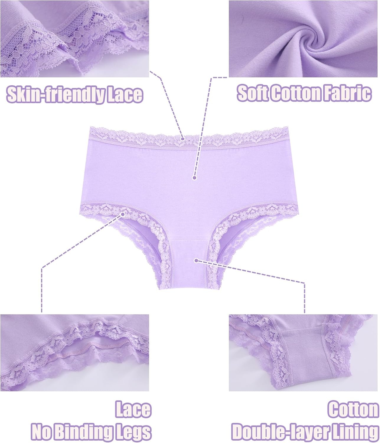 image:imageSth Big Cotton Underwear for Women High Waisted Womens Underwear Pack Sexy Lace Edge Bikini Cheeky Panties Girls BriefC 6 Packlight Color