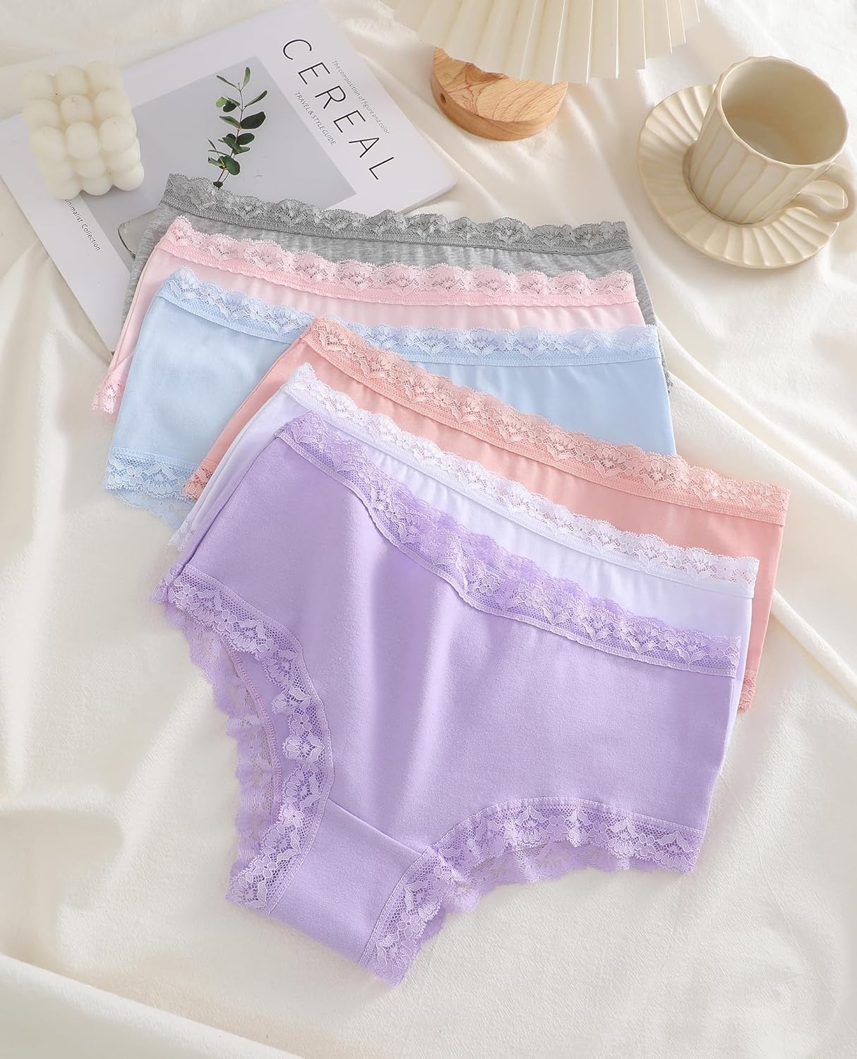 image:imageSth Big Cotton Underwear for Women High Waisted Womens Underwear Pack Sexy Lace Edge Bikini Cheeky Panties Girls BriefC 6 Packlight Color