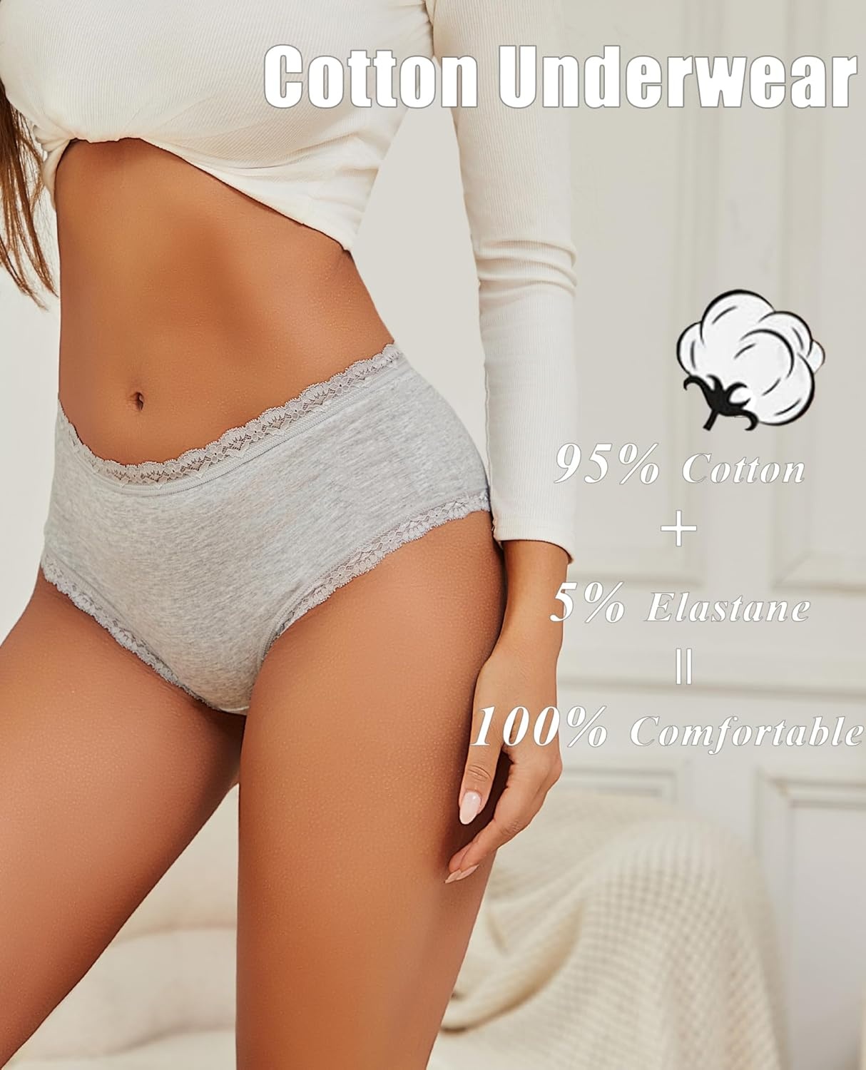 image:imageSth Big Cotton Underwear for Women High Waisted Womens Underwear Pack Sexy Lace Edge Bikini Cheeky Panties Girls BriefC 6 Packlight Color
