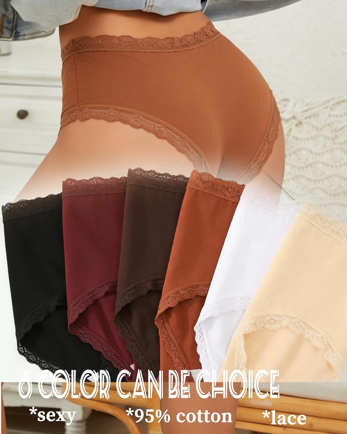 image:imageSth Big Cotton Underwear for Women High Waisted Womens Underwear Pack Sexy Lace Edge Bikini Cheeky Panties Girls BriefE 6 Pack