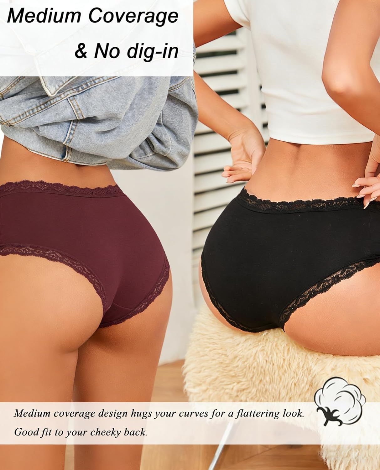 image:imageSth Big Cotton Underwear for Women High Waisted Womens Underwear Pack Sexy Lace Edge Bikini Cheeky Panties Girls BriefE 6 Pack