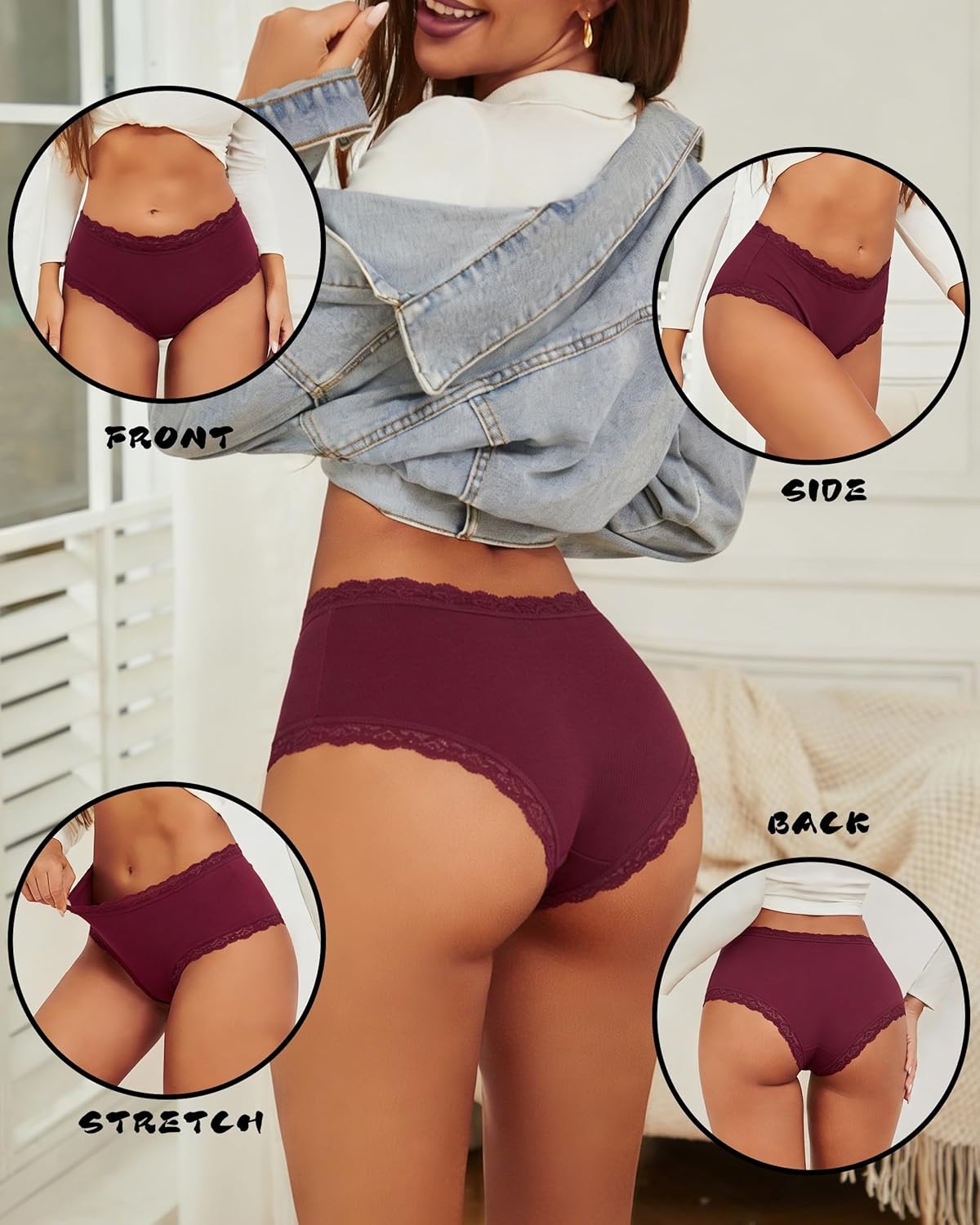 image:imageSth Big Cotton Underwear for Women High Waisted Womens Underwear Pack Sexy Lace Edge Bikini Cheeky Panties Girls BriefE 6 Pack