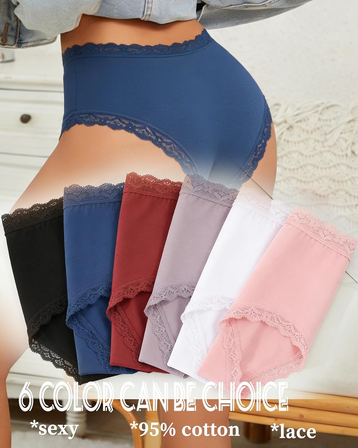 image:imageSth Big Cotton Underwear for Women High Waisted Womens Underwear Pack Sexy Lace Edge Bikini Cheeky Panties Girls BriefF 6 Pack
