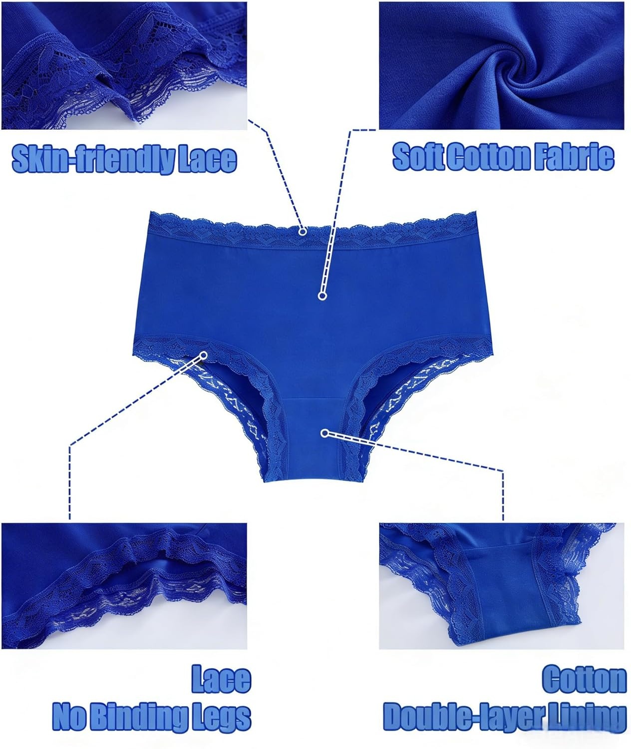 image:imageSth Big Cotton Underwear for Women High Waisted Womens Underwear Pack Sexy Lace Edge Bikini Cheeky Panties Girls BriefF 6 Pack