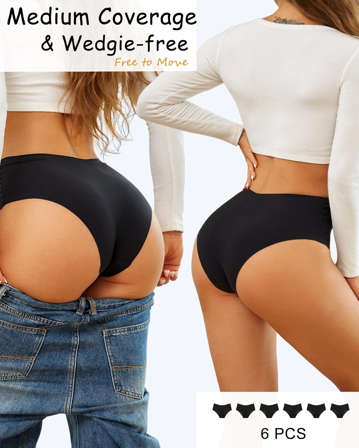 image:imageSth Big High Waisted Seamless Underwear for Women No Show Panties Cheeky Scalloped Edge Bikini Breathable Briefs 6 PackBlack