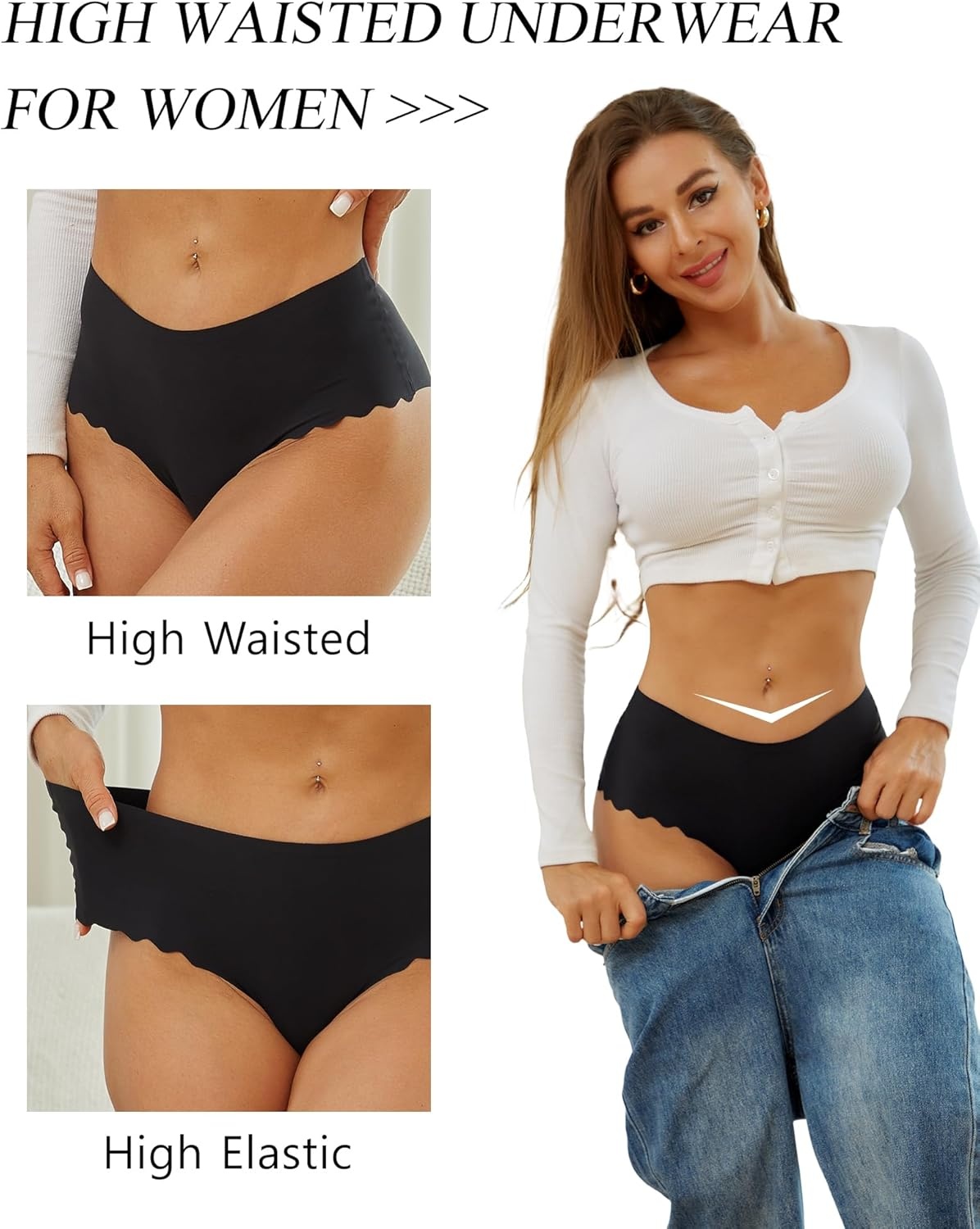 image:imageSth Big High Waisted Seamless Underwear for Women No Show Panties Cheeky Scalloped Edge Bikini Breathable Briefs 6 PackBlackblueapricotcandlelight Peachpurplegreen