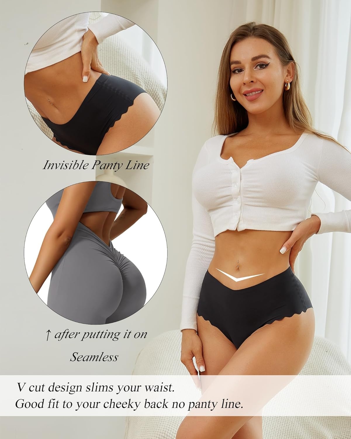 image:imageSth Big High Waisted Seamless Underwear for Women No Show Panties Cheeky Scalloped Edge Bikini Breathable Briefs 6 PackColor H
