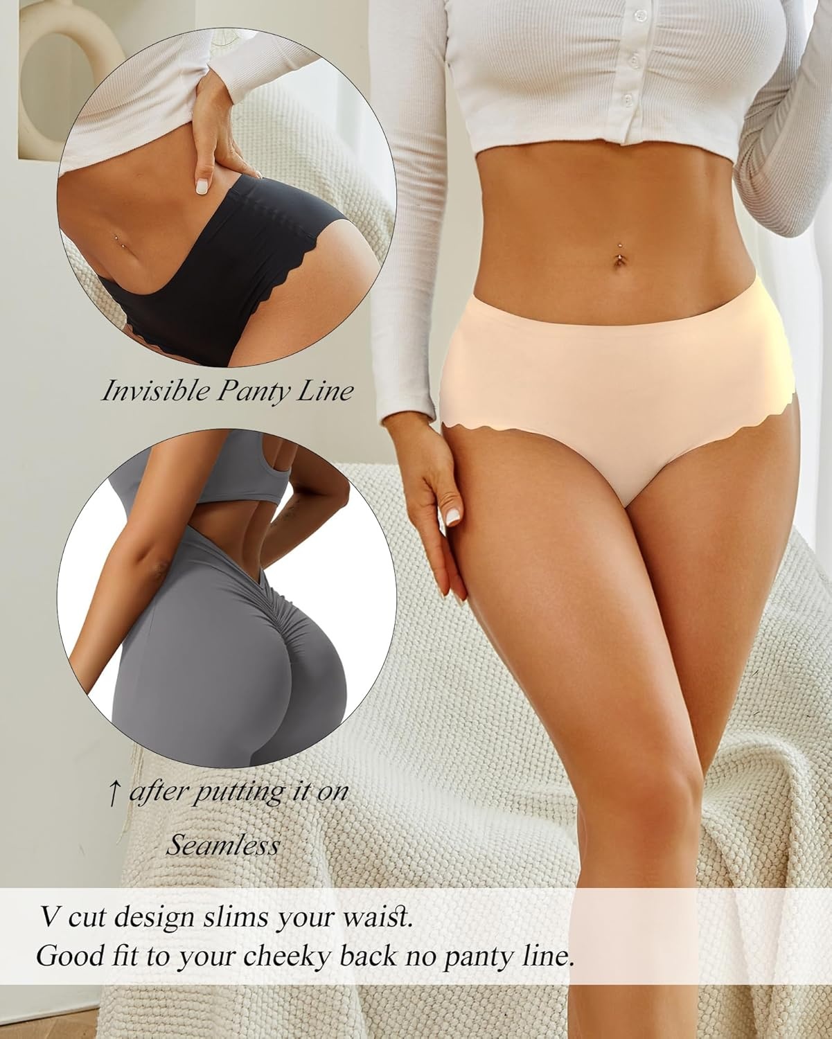 image:imageSth Big High Waisted Seamless Underwear for Women No Show Panties Cheeky Scalloped Edge Bikini Breathable Briefs 6 PackColor I