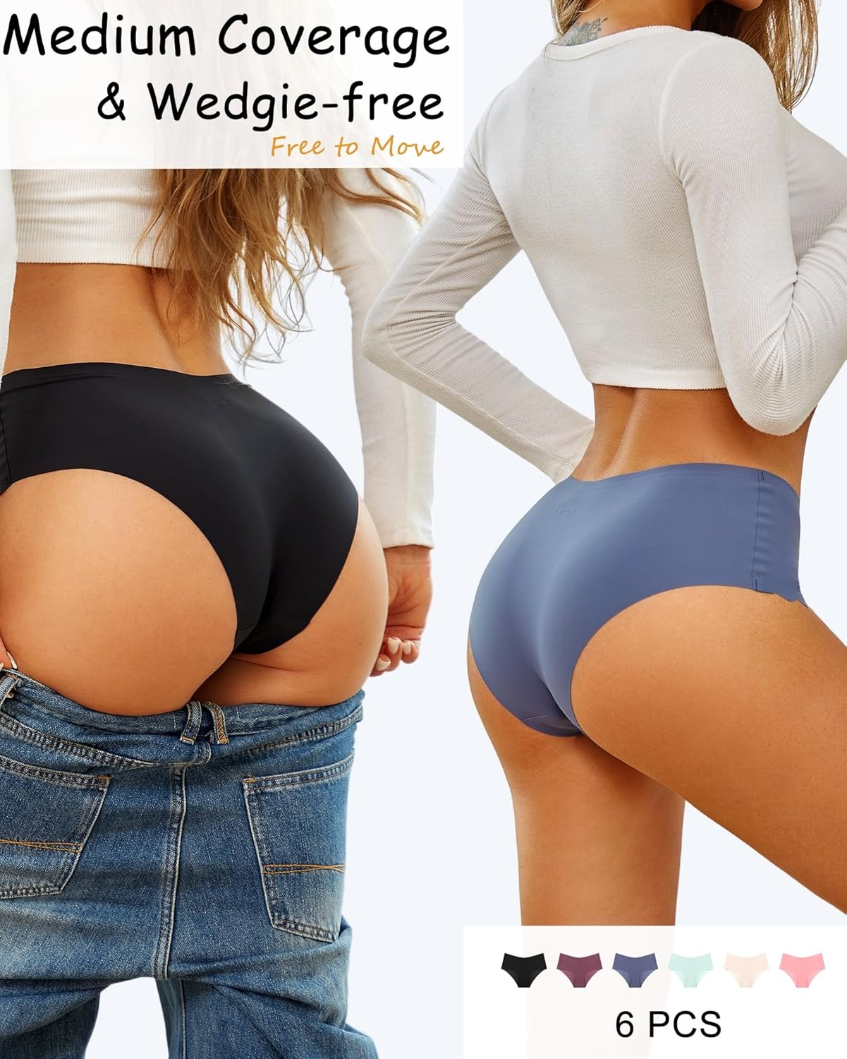 image:imageSth Big High Waisted Seamless Underwear for Women No Show Panties Cheeky Scalloped Edge Bikini Breathable Briefs 6 PackColor I