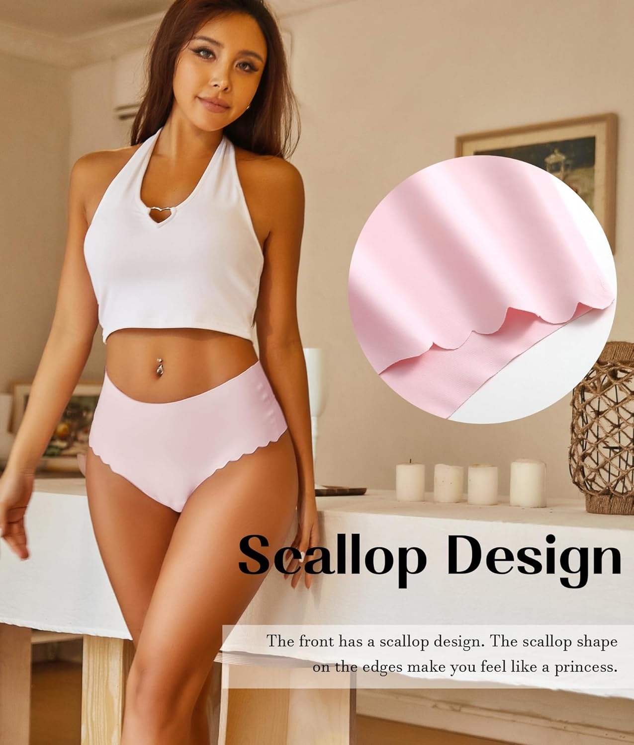 image:imageSth Big High Waisted Seamless Underwear for Women No Show Panties Cheeky Scalloped Edge Bikini Breathable Briefs 6 PackColor J