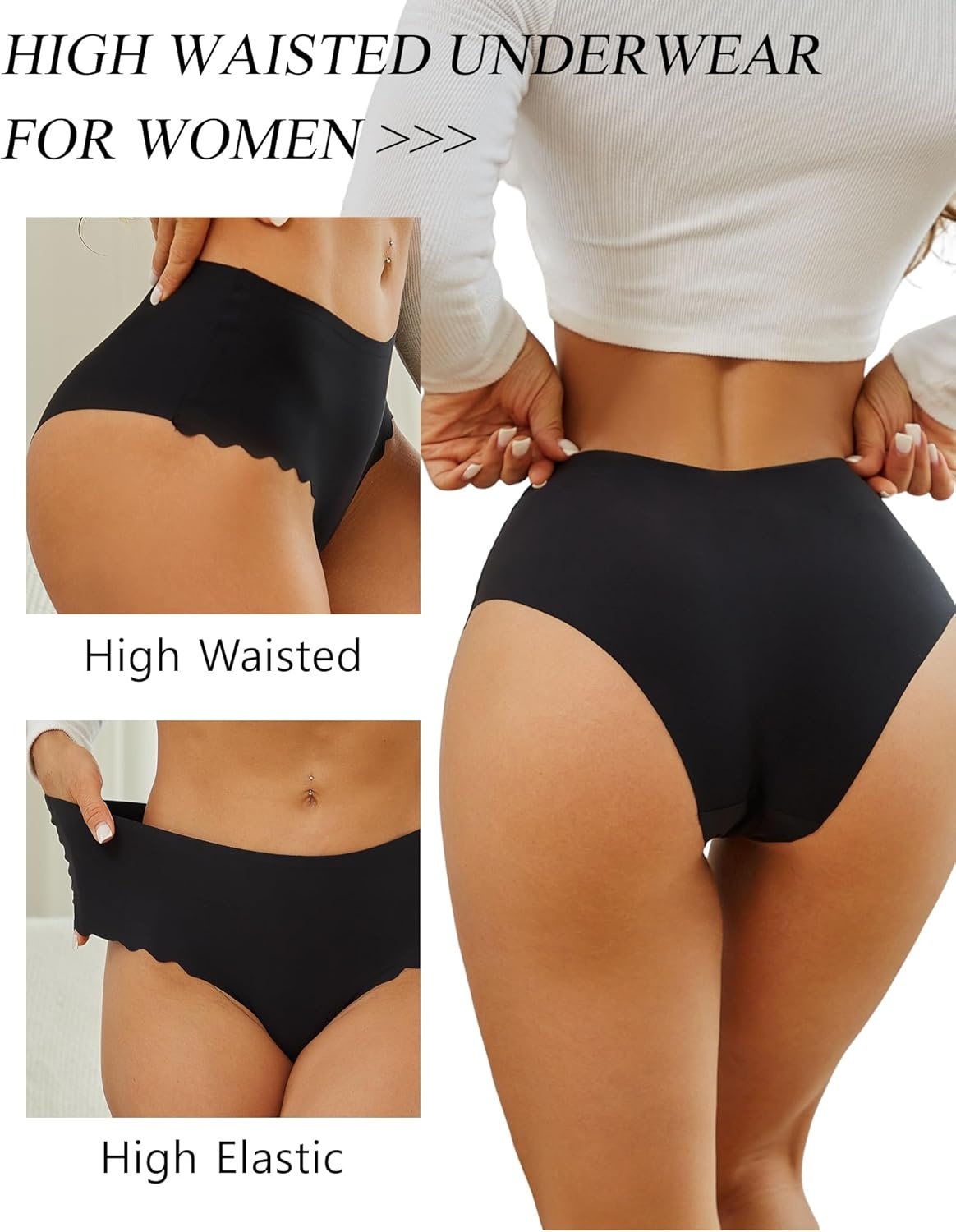 image:imageSth Big High Waisted Seamless Underwear for Women No Show Panties Cheeky Scalloped Edge Bikini Breathable Briefs 6 PackColor J