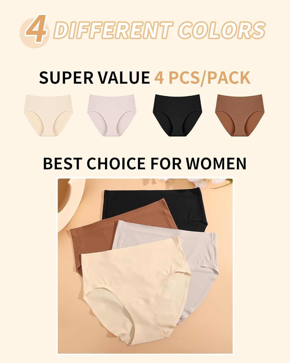 image:imageSth Big High Waisted Underwear for Women Lightweight No Show Panties Comfortable Full Coverage Briefs Seamless 4 PackBlackbrick Yellowfleshcolorkhaki