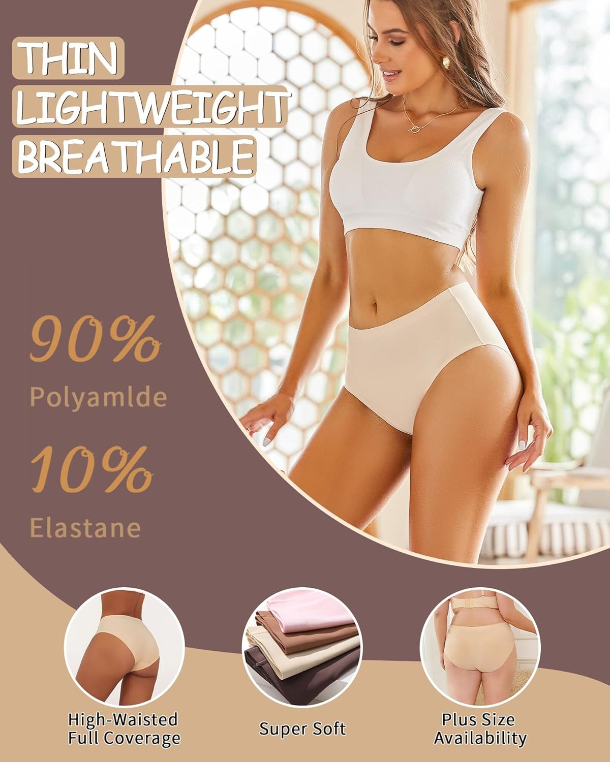 image:imageSth Big High Waisted Underwear for Women Lightweight No Show Panties Comfortable Full Coverage Briefs Seamless 4 PackBlackbrick Yellowfleshcolorkhaki