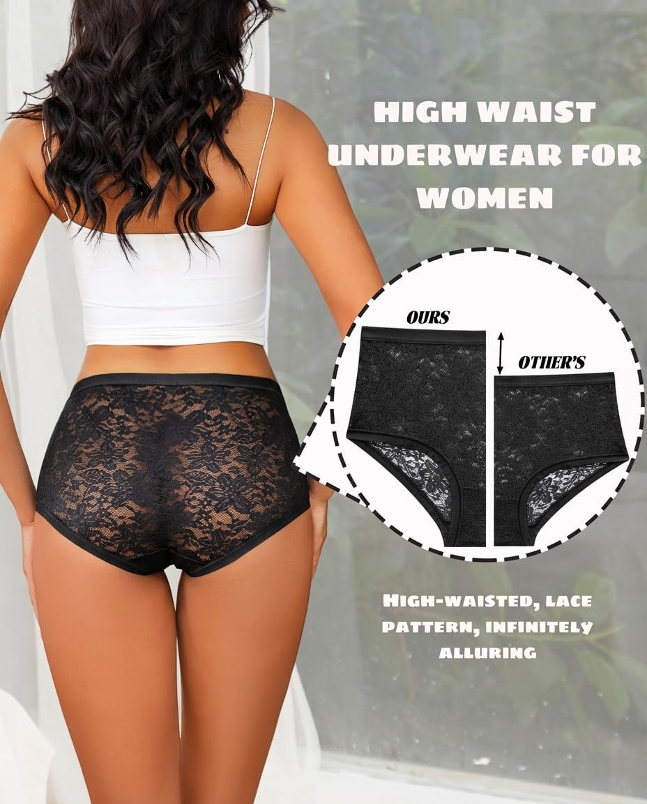 image:imageSth Big High Waisted Underwear for Women Sexy Lace Cheeky Panties Soft Full Coverage lingerie Womens Plus Size Briefs 6 PackBlack