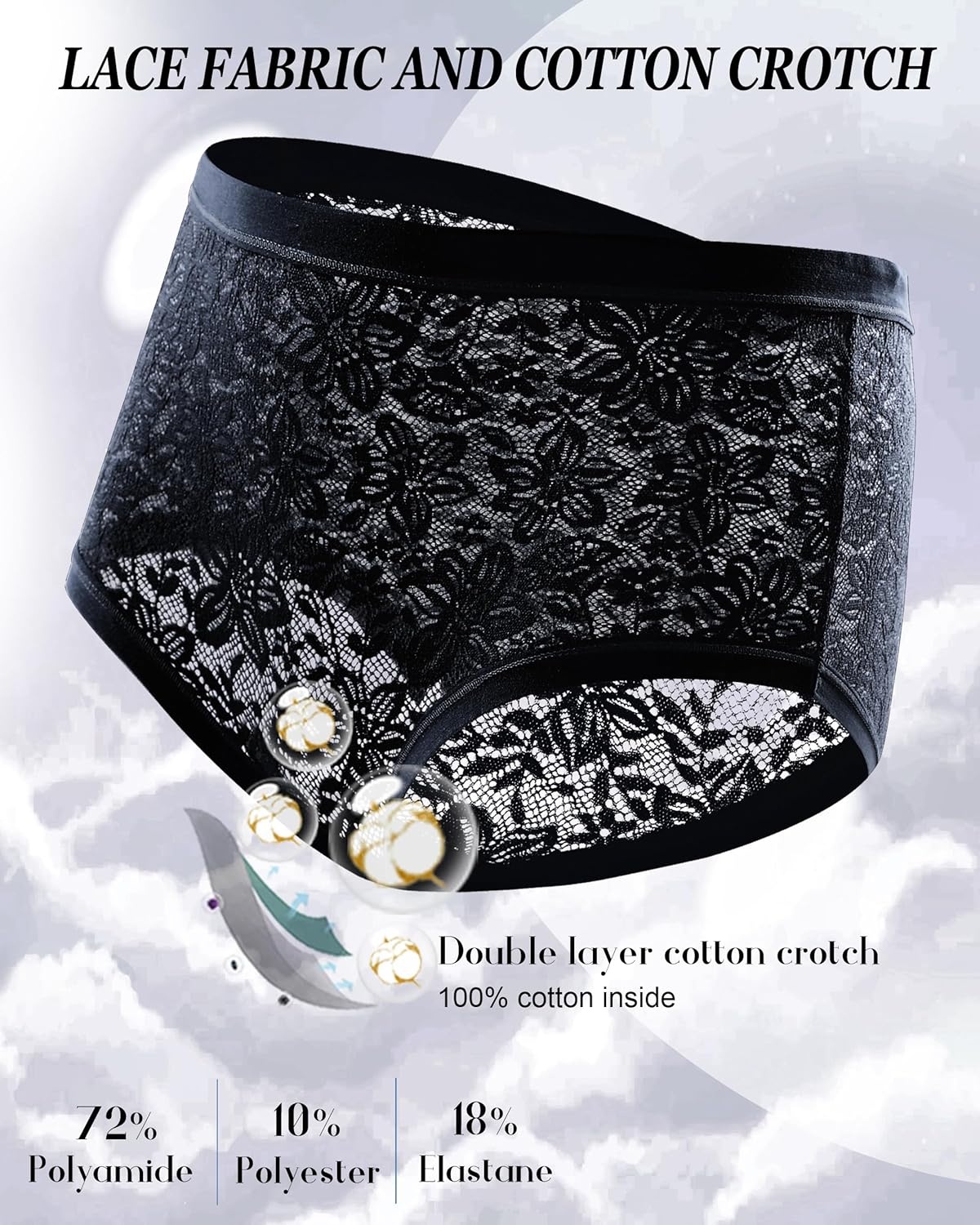 image:imageSth Big High Waisted Underwear for Women Sexy Lace Cheeky Panties Soft Full Coverage lingerie Womens Plus Size Briefs 6 PackBlack