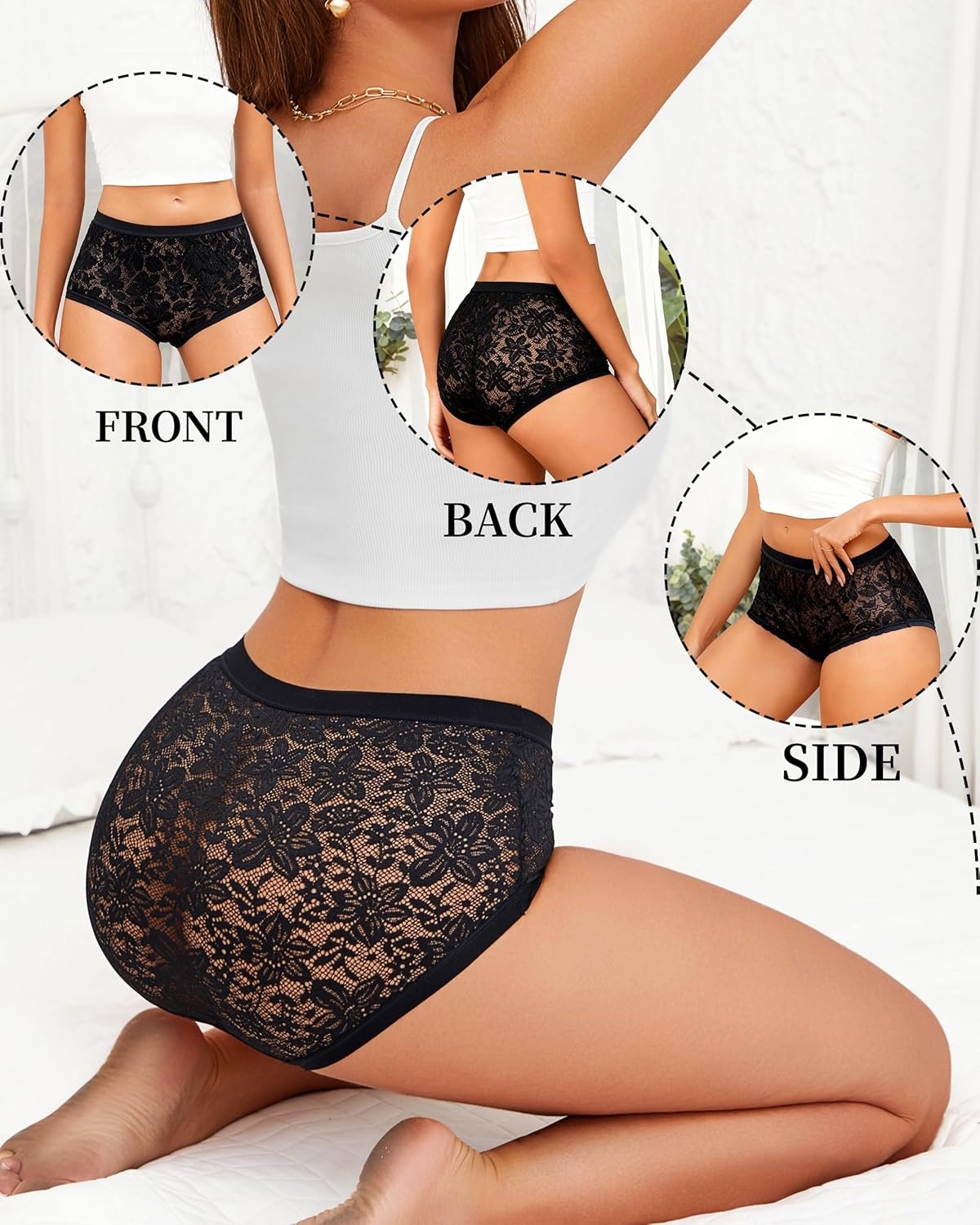 image:imageSth Big High Waisted Underwear for Women Sexy Lace Cheeky Panties Soft Full Coverage lingerie Womens Plus Size Briefs 6 PackBlack