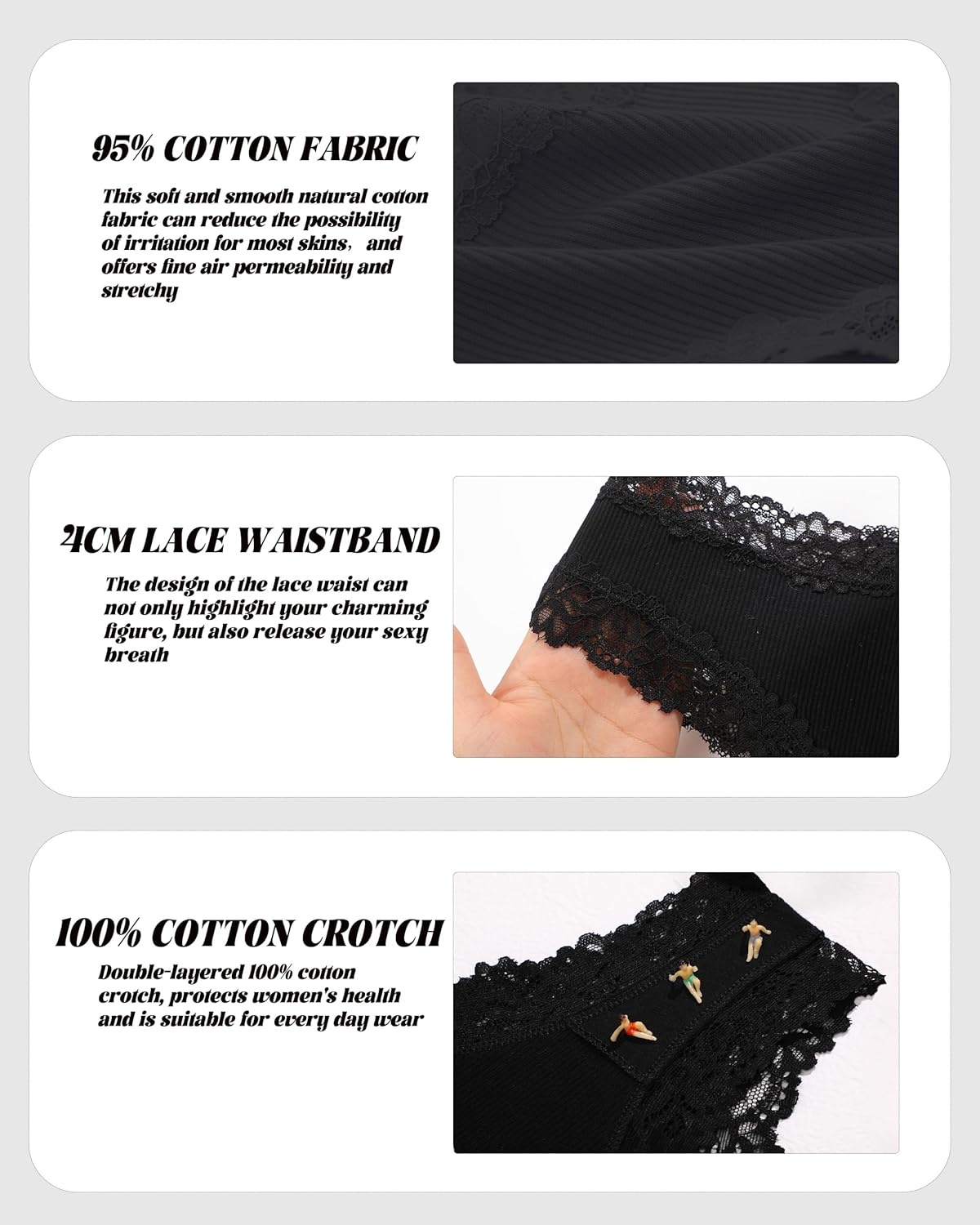 image:imageSth Big Womens Cotton Underwear Sexy Lace Brazilian Panties Soft Breathable Cotton Bikini for Ladies 6 PackBlack