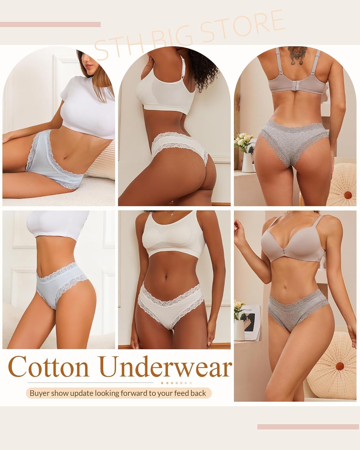 image:imageSth Big Womens Cotton Underwear Sexy Lace Brazilian Panties Soft Breathable Cotton Bikini for Ladies 6 PackColor D