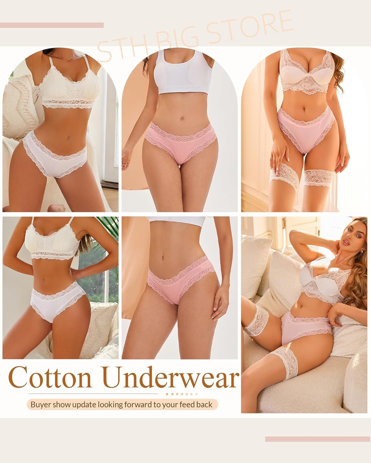 image:imageSth Big Womens Cotton Underwear Sexy Lace Brazilian Panties Soft Breathable Cotton Bikini for Ladies 6 PackColor E