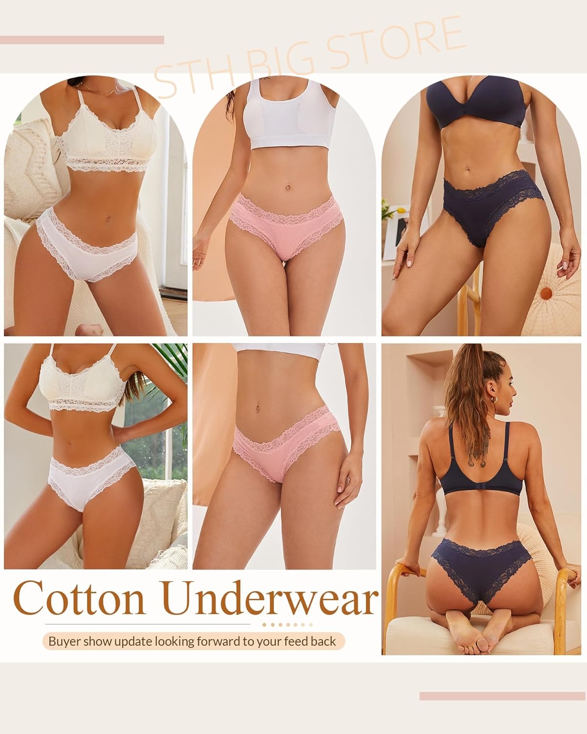 image:imageSth Big Womens Cotton Underwear Sexy Lace Brazilian Panties Soft Breathable Cotton Bikini for Ladies 6 PackColor I
