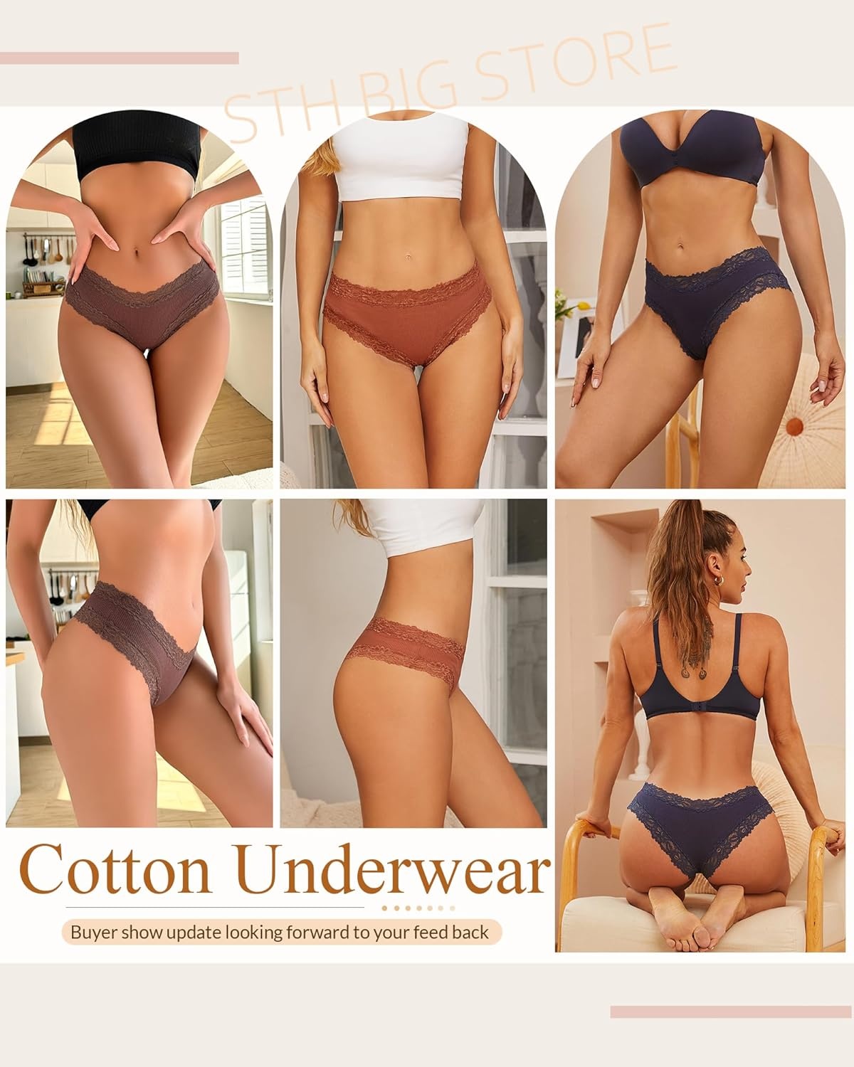 image:imageSth Big Womens Cotton Underwear Sexy Lace Brazilian Panties Soft Breathable Cotton Bikini for Ladies 6 PackColor J
