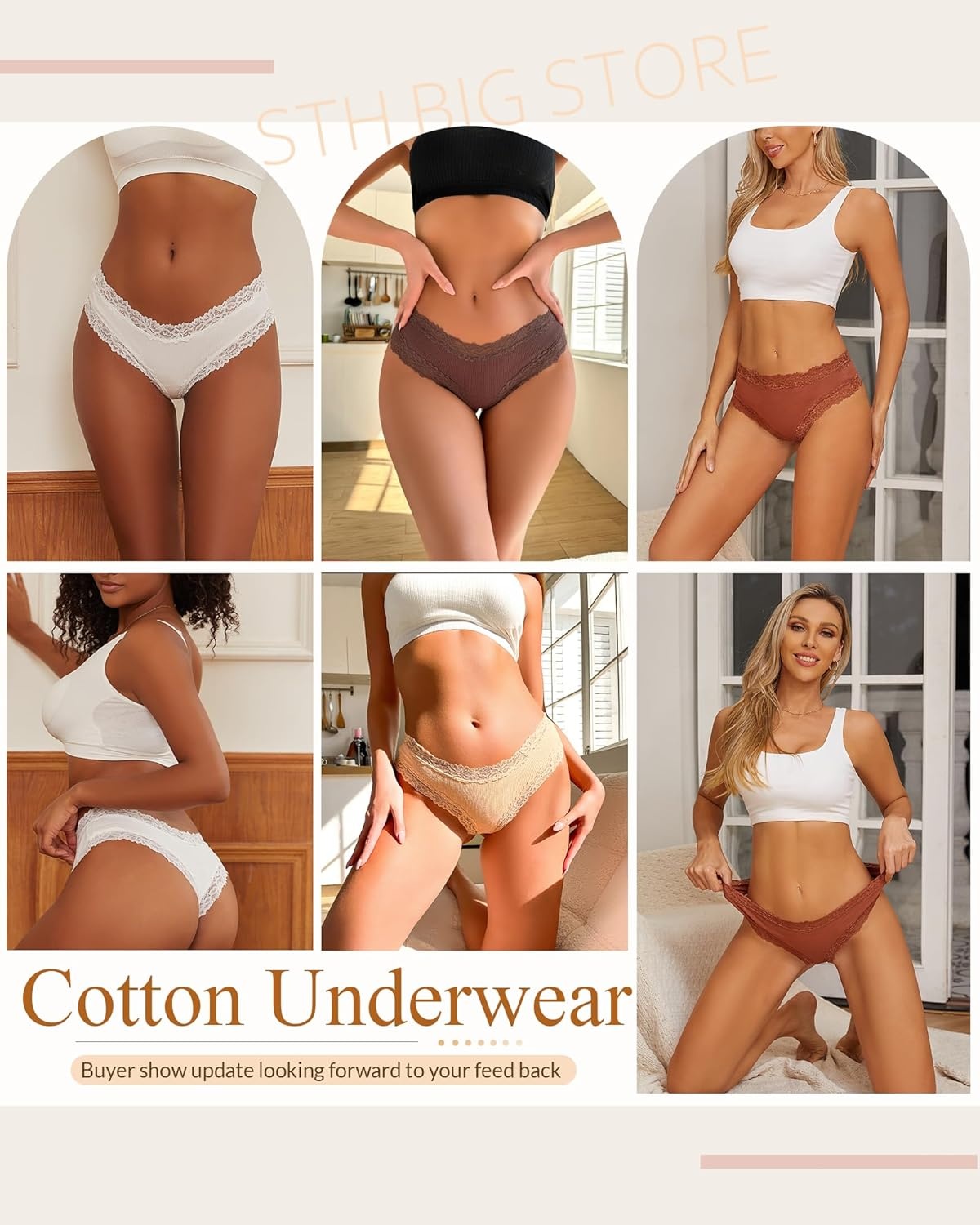 image:imageSth Big Womens Cotton Underwear Sexy Lace Brazilian Panties Soft Breathable Cotton Bikini for Ladies 6 PackColor a