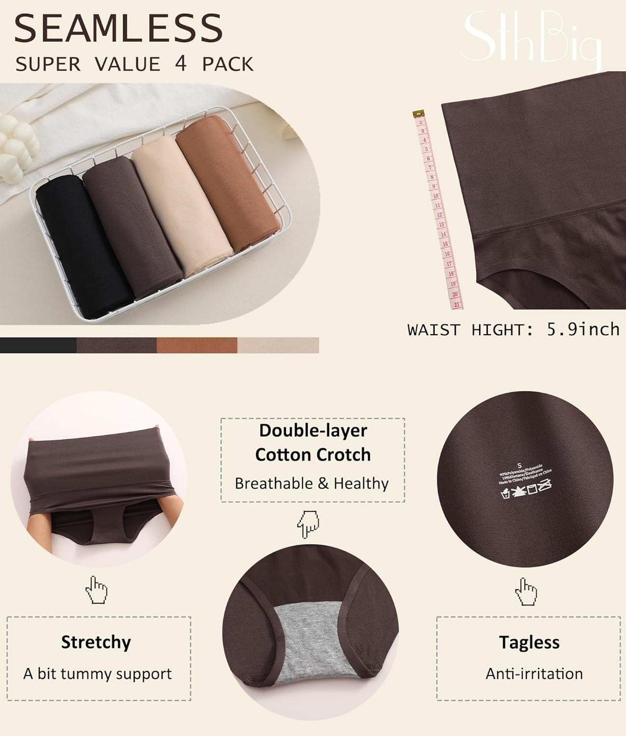 image:imageWomens High Waisted Tummy Control Underwear Panties Compression Slimming Seamless Briefs Shapewear 4 PackBlackmoca Greybeigebrown