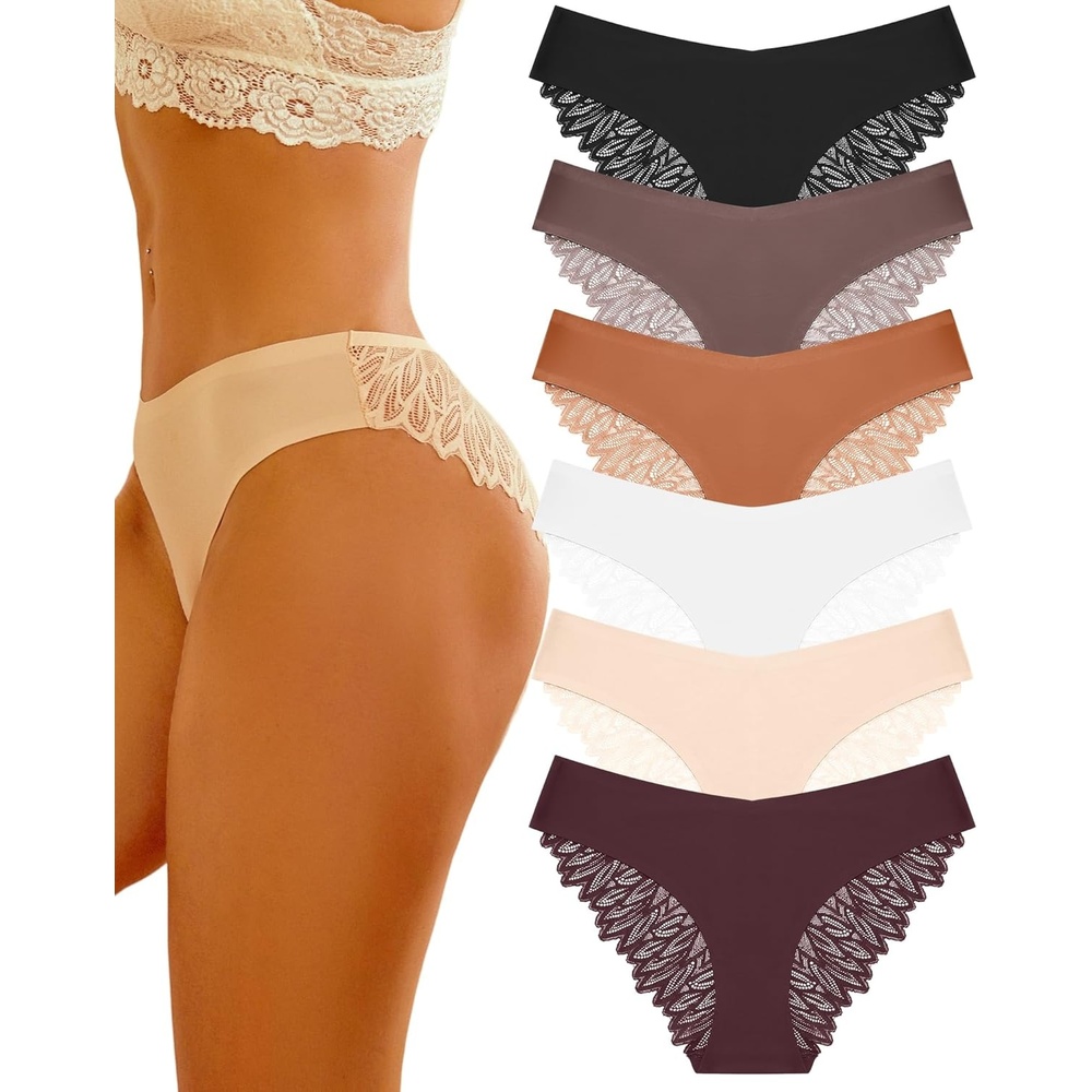 image:imageSth Big Cheeky Underwear for Women Lace No Show Bikini Soft Breathe Seamless Panties Ladies Sexy Hipster Set 6 PackBlack Mocha Gray Brick Yellow White Skin Tone Grape Purple