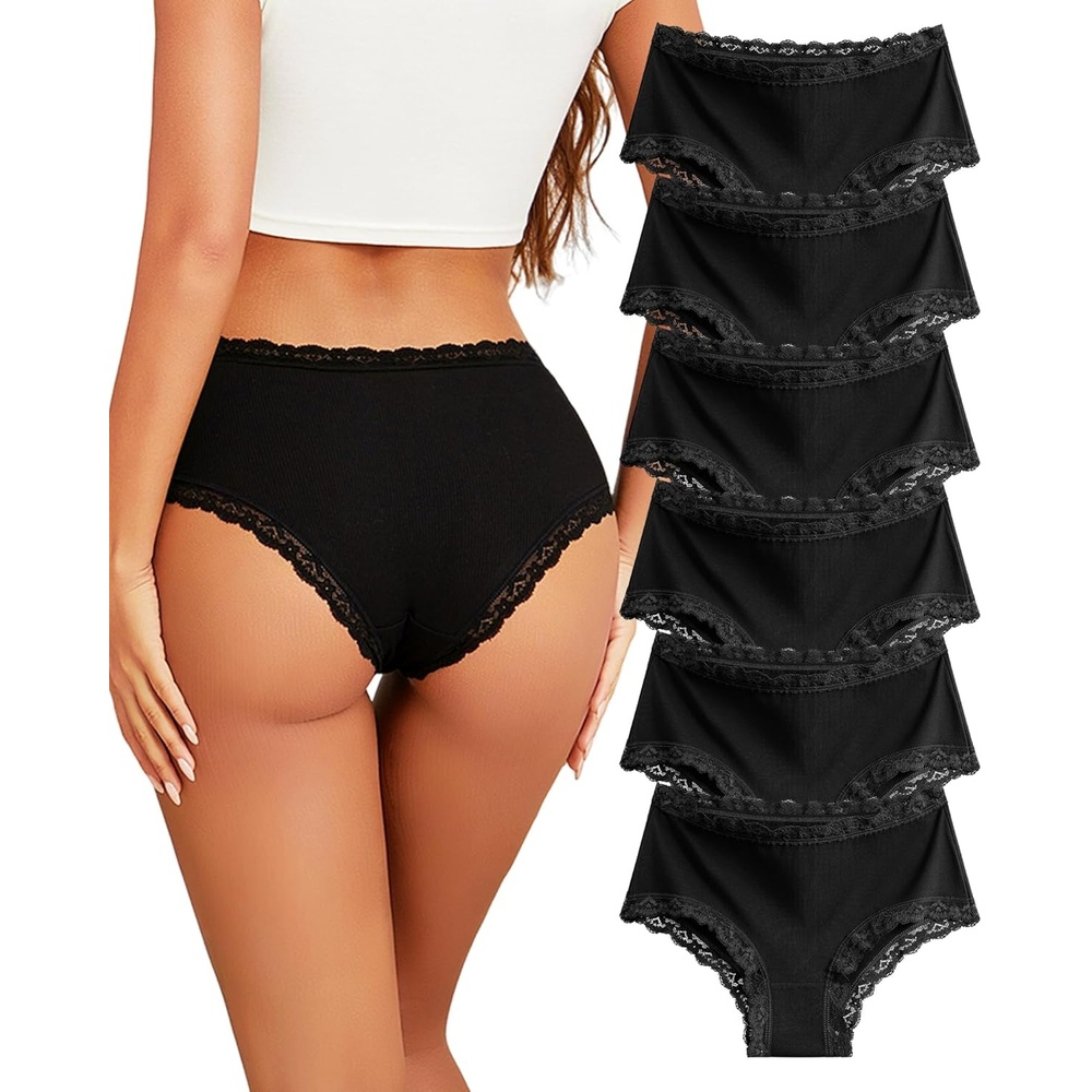 image:imageSth Big Cotton Underwear for Women High Waisted Womens Underwear Pack Sexy Lace Edge Bikini Cheeky Panties Girls BriefB 6 Packblack6