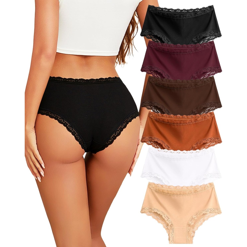 image:imageSth Big Cotton Underwear for Women High Waisted Womens Underwear Pack Sexy Lace Edge Bikini Cheeky Panties Girls BriefE 6 Pack