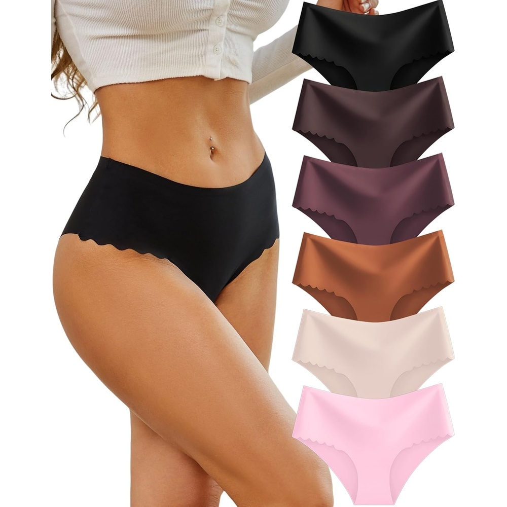 image:imageSth Big High Waisted Seamless Underwear for Women No Show Panties Cheeky Scalloped Edge Bikini Breathable Briefs 6 PackBlackapricotpurplemoca Greybrick Yellowpink