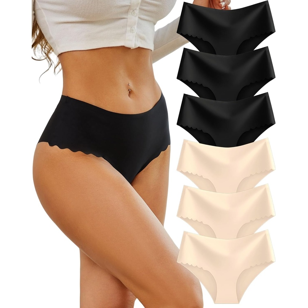 image:imageSth Big High Waisted Seamless Underwear for Women No Show Panties Cheeky Scalloped Edge Bikini Breathable Briefs 6 PackBlackbeige