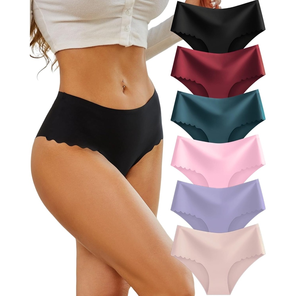 image:imageSth Big High Waisted Seamless Underwear for Women No Show Panties Cheeky Scalloped Edge Bikini Breathable Briefs 6 PackColor H