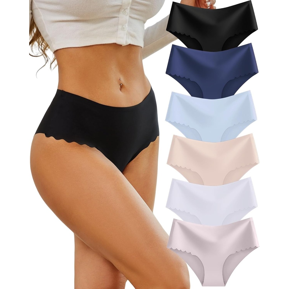 image:imageSth Big High Waisted Seamless Underwear for Women No Show Panties Cheeky Scalloped Edge Bikini Breathable Briefs 6 PackColor I