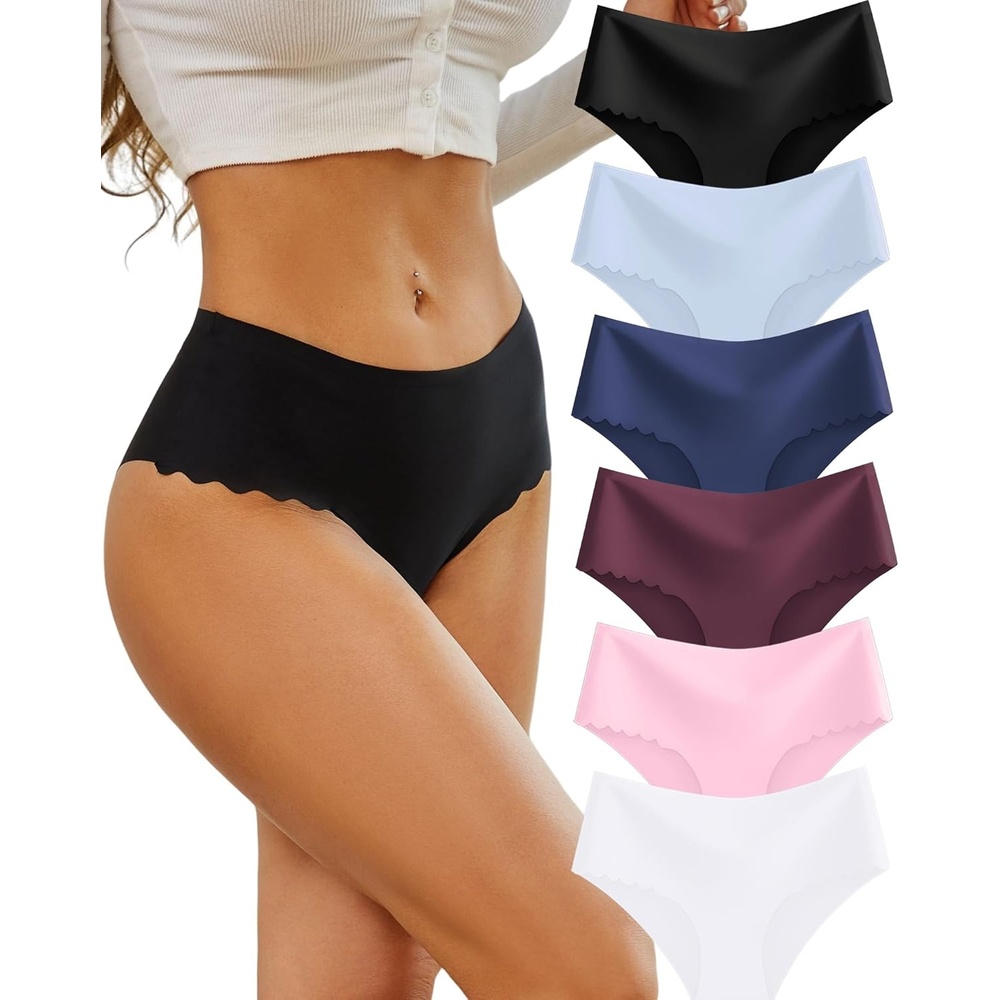 image:imageSth Big High Waisted Seamless Underwear for Women No Show Panties Cheeky Scalloped Edge Bikini Breathable Briefs 6 PackColor K